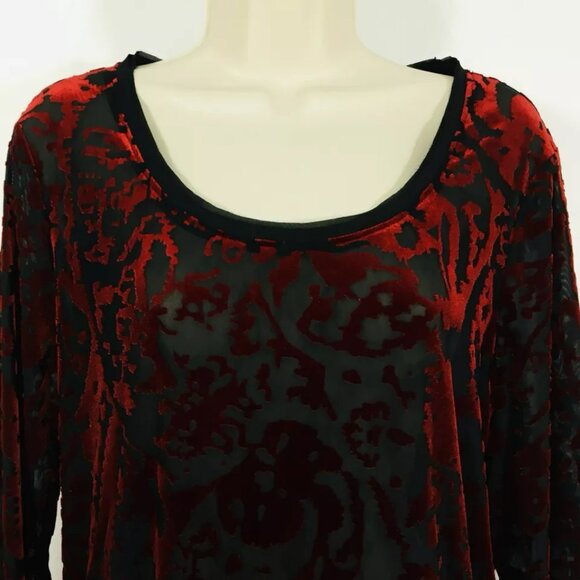 Simply Vera Wang Sz L Red Burnout Velvet Top Sheer Tunic Whimsy Goth - Picture 6 of 13